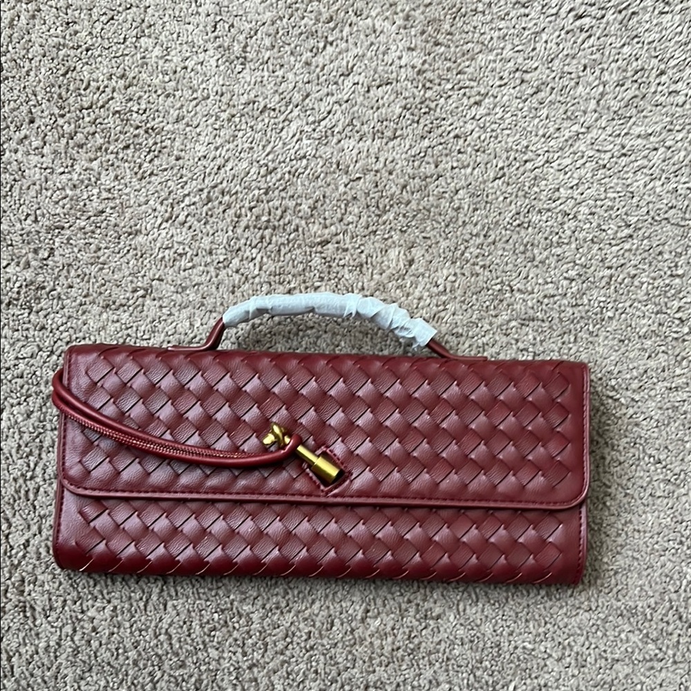 Woven Faux Leather Clutch Bag in Burgundy. NEW